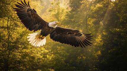 Obraz premium A majestic bald eagle soaring high above the forest, its wings spread wide as the pristine golden sunset light bathes everything in an ethereal glow. 