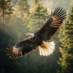 Fototapeta premium A majestic bald eagle soaring high above the forest, its wings spread wide as the pristine golden sunset light bathes everything in an ethereal glow. 