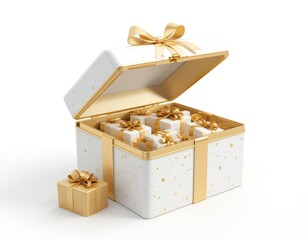 Opening Treasure Chest Full of Gifts with Gold Ribbons on White
