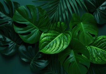 Fototapeta premium Lush green tropical leaves creating a vibrant and serene background