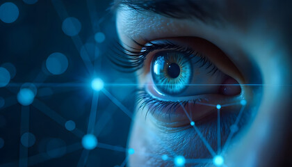 A close-up of an eye with glowing blue digital connections and binary code, symbolizing futuristic technology.