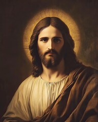 Fototapeta premium A classical religious portrait of Jesus Christ with a golden halo, long wavy hair, and a serene expression, wearing a white robe with a brown cloak.