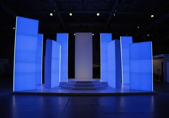 Modern exhibition stage with illuminated blue panels and a central platform
