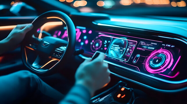 a driver interacting with a touch-sensitive, holographic car dashboard that displays media, climate, and connectivity options