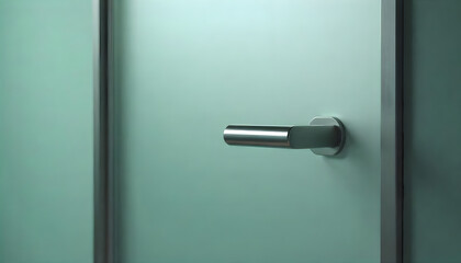 Modern minimalist door handle in silver on a green door, showcasing sleek and contemporary design.