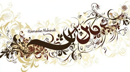 Decorative calligraphy design of &ldquo;Ramadan Mubarak&rdquo; with ornate flourishes and Islamic motifs, elegant and festive, perfect for Ramadan greetings, holiday cards, and cultural designs.