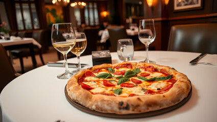 Delicious Margherita pizza served on a wooden table in a cozy restaurant. A classic Italian dish topped with fresh tomatoes, mozzarella, and basil leaves 18