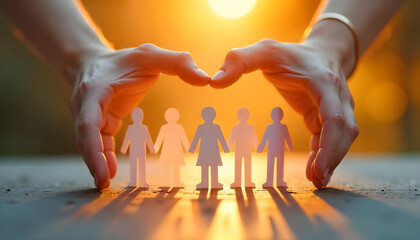 Hands protecting paper family cutout, symbolizing care, love, and unity within a supportive environment.