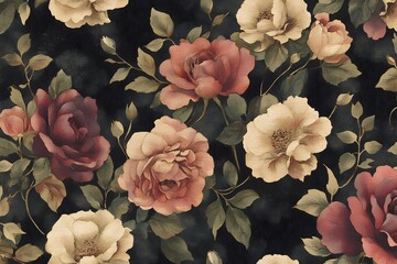 Elegant floral pattern with vintage roses on dark background in bloom