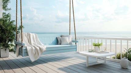 A peaceful coastal balcony with a pastel blue bench swing draped in a white throw