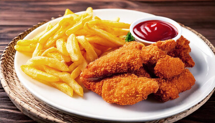 Breaded crispy chicken tenders with a side of French fries. AI