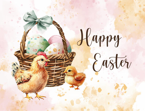 Hen and Chick Watercolor Illustration with Easter Basket and Eggs horizontal greeting festive background