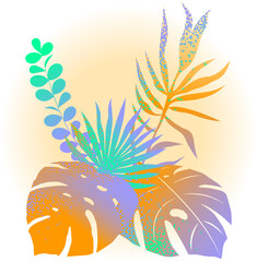 Tropical leaf composition. Botanical pattern with grainy gradient. Vector isolated elements on a white background.