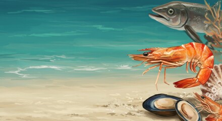 Fish, shrimp, and mussels on the sandy beach with ocean waves, watercolor illustration with copy space