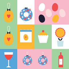 Happy Easter flat icons vector. Egg, dove, flower, set illustration. Egg hunt poster template. Festive spring holiday event design in flat cartoon style. All elements are isolated.	
