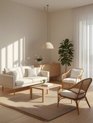 Cozy Minimalist Living Room with Natural Light and Warm Neutral Tones