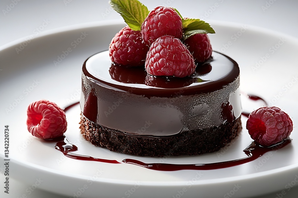 Poster Artistic presentation of chocolate dessert garnished with raspberries and mint leaves for a gourmet experience : Generative AI