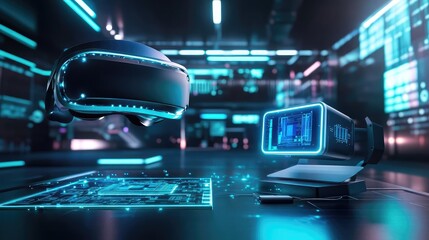 Obraz premium Futuristic Virtual Reality Headset And Digital Interface In A Neon Lit Tech Lab With Circuit Boards Displaying Information During Development. It Is Advanced Technology For Immersive Experiences. An