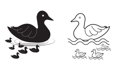 Silhouette of duck, goose icon symbol. Ducks icon vector illustration with chicken. Set of farm animals out line icon, vector illustration.