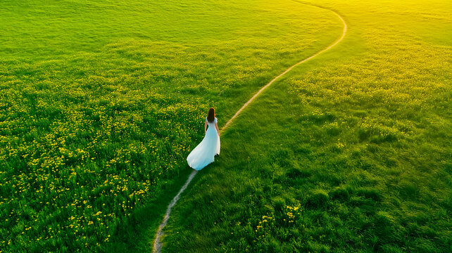 A solitary woman in a flowing white dress walks along a narrow path through a vast green field dotted with small yellow flowers, captured from an aerial perspective, symbolizing journey, solitude, and