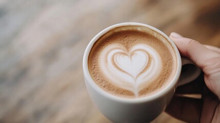 A hand holds a cup of latte art