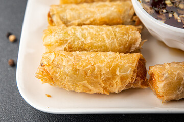 Nem rolls food sauce vietnamese rice paper roll gourmet background on the table rustic food top view copy space