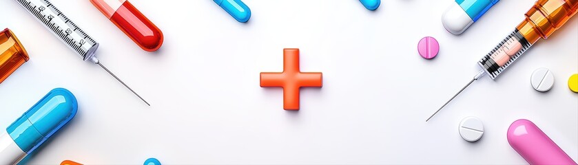 Obraz premium Colorful Medication and Medical Instruments on Bright Background for Pharmacy and Healthcare Concepts