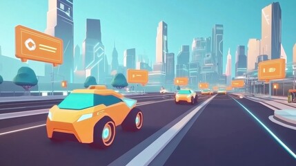 Naklejka premium Futuristic Cityscape with Autonomous Vehicles in Vibrant Blue Tones