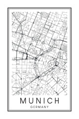 Hand drawn printable downtown road map poster of the German city of MUNICH on solid white background with city name