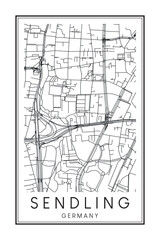 Hand drawn printable downtown road map poster of the German city quarter of MUNICH-SENDLING on solid white background with city name