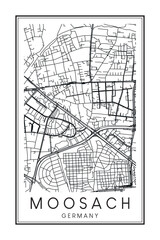Hand drawn printable downtown road map poster of the German city quarter of MUNICH-MOOSACH on solid white background with city name