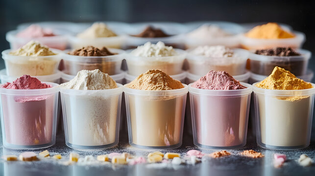 A collection of various protein powdered ingredients displayed in clear plastic containers.