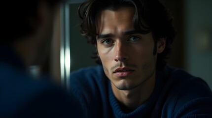 Fototapeta premium Close-up portrait of a young man gazing at his reflection
