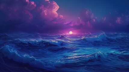 Ocean Waves Under a Vibrant Moonlit Purple and Blue Sky