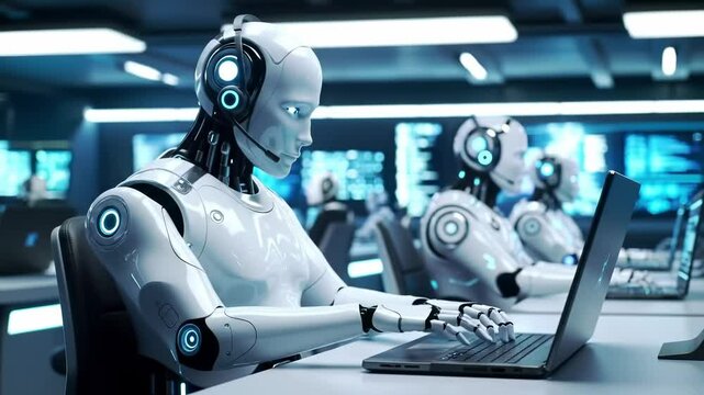 Several humanoid robots use laptops to analyze data in an ultra-modern technological environment, and they call customers.The room is equipped with modern screens displaying complex information.