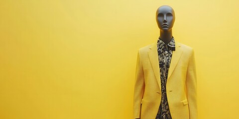 Obraz premium Yellow Fashion: A mannequin showcases modern attire against a vibrant yellow background, highlighting contemporary style and bold aesthetics.