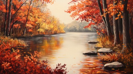 Painted autumn landscape with a tranquil river reflecting colorful foliage