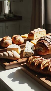 Sunlit assortment of artisan bread and cheese on wooden boards in rustic kitchen