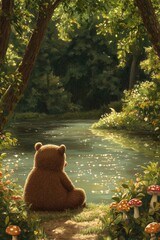 Serene bear gazes at sparkling water surrounded by lush greenery