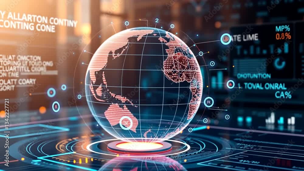 Poster global data visualization network showcasing connectivity with a detailed information interface and 