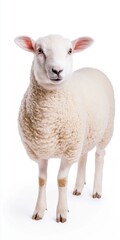 Fototapeta premium A white sheep stands in front of a white background. The sheep is looking at the camera with its head held high. Concept of calm and peacefulness, as the sheep appears to be content