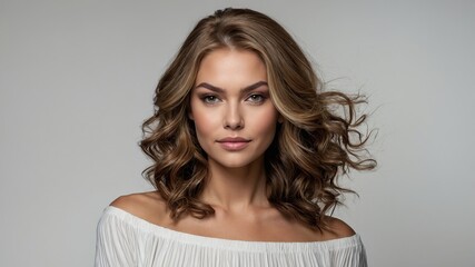 Mujer con peinado moderno con ondas naturales en cabello castaño con reflejos, capturado en una fotografía profesional y minimalista