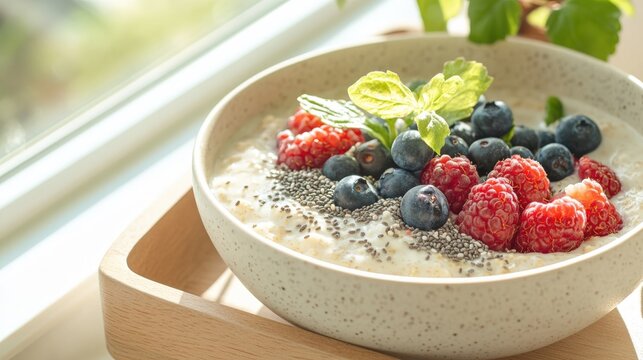 Delicious bowl of oatmeal topped with fresh berries and mint lea