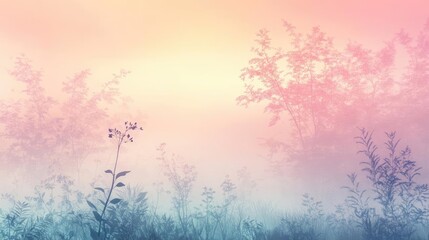 Softly Hued Misty Landscape with Delicate Silhouettes of Trees at Twilight