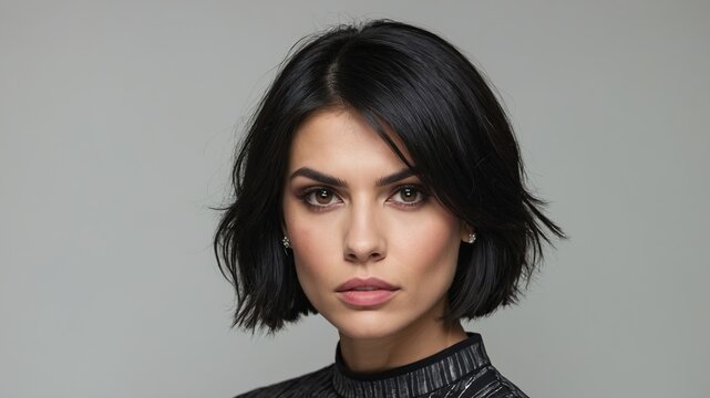 Vista moderna de una mujer morena con el pelo corto y camisa negra, fondo liso, para proyectos publicitarios y visuales profesionales