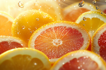 Close-up of orange slices splashing in water, capturing the essence of freshness. Ideal for healthy living concepts, vitamin C benefits, fruit-based beverages, and tropical refreshment ads