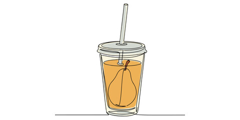 pear fruit juice glass continuous single one line minimalist illustration of a glass filled with pear juice, complete with a lid and straw, designed using a continuous single line drawing technique.