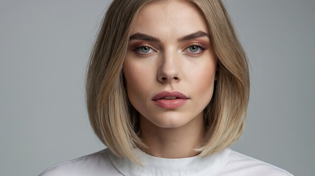 Primer plano de una mujer con cabello rubio liso y perfectamente cuidado en un corte bob cl&aacute;sico, con enfoque en la textura y detalles, ideal para proyectos de belleza, moda y dise&ntilde;o gr&aacute;fico moderno