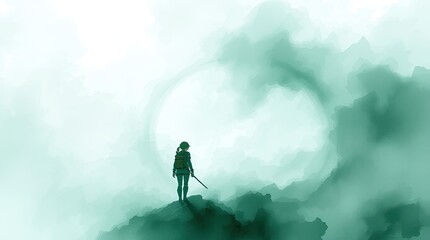 Fototapeta premium A lone adventurer stands atop a mountain peak surrounded by a misty landscape in soothing green hues embodying a peaceful moment of reflection and solitude