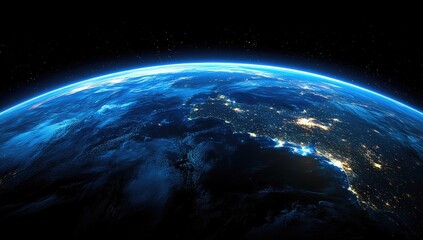 Fototapeta premium Night view of Earth from space, showing city lights and dark oceans. Blue and black tones dominate the image